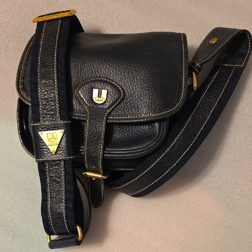 Bally Unisex Navy Blue Leather Messenger Bag with Gold Accents